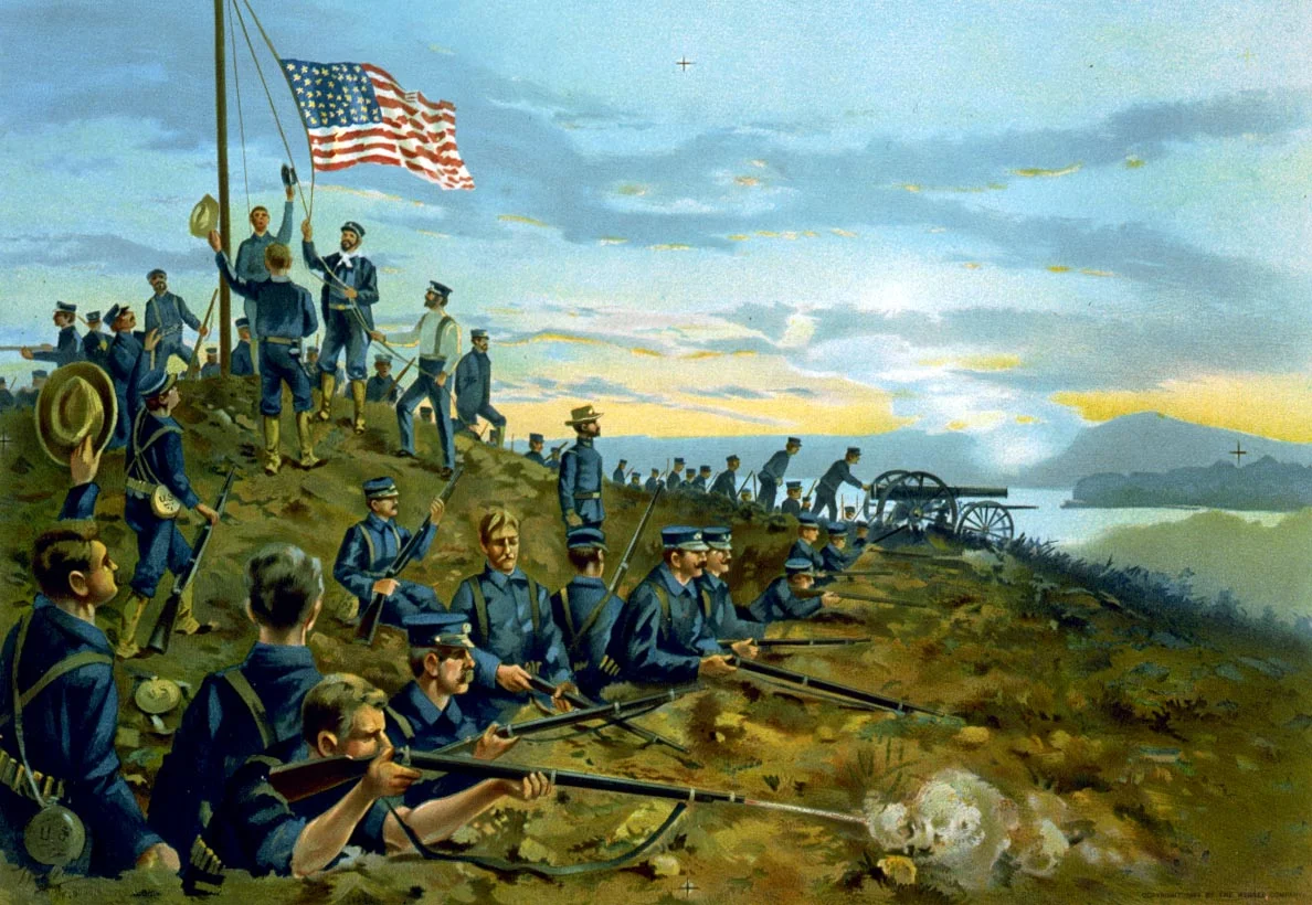 LC-USZC4-2678:   Spanish-American War, 1898.   First hoisting of the Stars and Stripes by the US Marines on Cuban soil, June 11, 1898.  Photomechanical print by the Werner Company, Akron, Ohio, 1898.   Courtesy of the Library of Congress.  (5/8/2015).