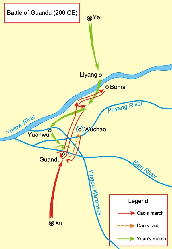 English: Map of the Battle of Guandu
Chinese: 官渡之戰示意圖  繪制作:竹圍牆
Also referenced are:

de Crespigny, Rafe. "To Establish Peace: being the Chronicle of the Later Han dynasty for the years 189 to 220 AD as recorded in Chapters 59 to 69 of the Zizhi tongjian of Sima Guang". Volume 1. Faculty of Asian Studies, The Australian National University, Canberra. 1996. ISBN 0-7315-2526-4. Volume 1, Map 13.
Leban, Carl. Ts'ao Ts'ao and the Rise of Wei: The Early Years. Columbia University. 1971. p. 324